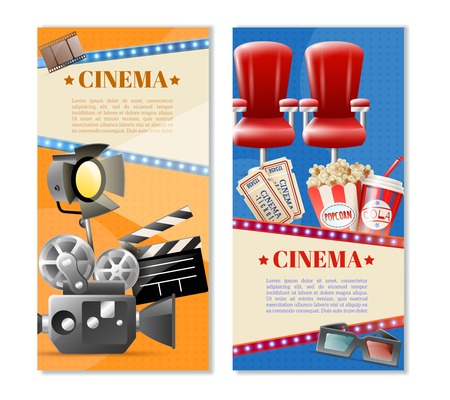Cinema 2 retro vertical banners set with movie theater tickets seats popcorn and camera light isolated vector illustrationのイラスト素材