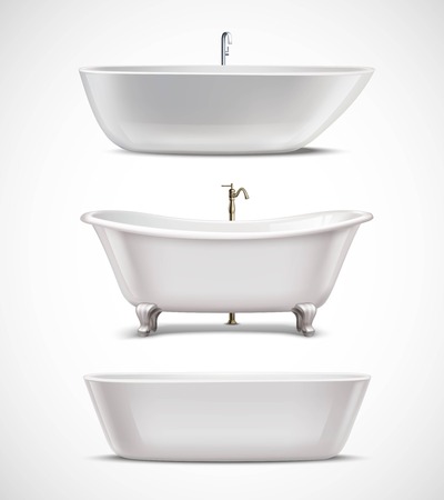 White bathtubs of different style and shape realistic set isolated on white background vector illustrationのイラスト素材
