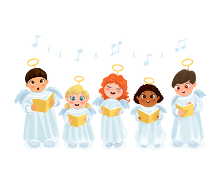 Little kids in angel costumes going Christmas caroling flat vector illustrationのイラスト素材