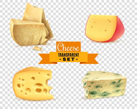 Best quality special cheeses realistic images composition with edam maasdam parmesan and dorblu transparent background vector illustrationのイラスト素材