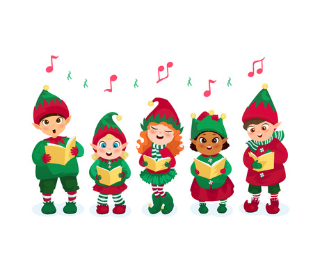 Kids in elfes costumes going Christmas caroling flat vector illustrationのイラスト素材