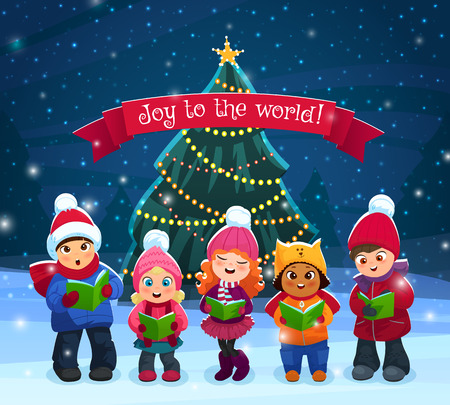 Little kids singing Christmas caroling with pine tree on bakcground vector illustrationのイラスト素材
