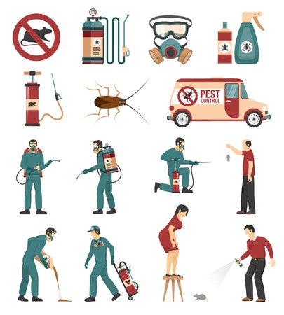 Pest control service equipment treatments and products flat icons collection with cockroaches and rats removal isolated vector illustrationのイラスト素材
