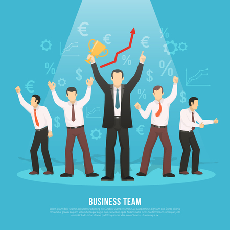 Business team success flat poster with manager holding winner prize and euro dollar profit symbols vector illustrationのイラスト素材