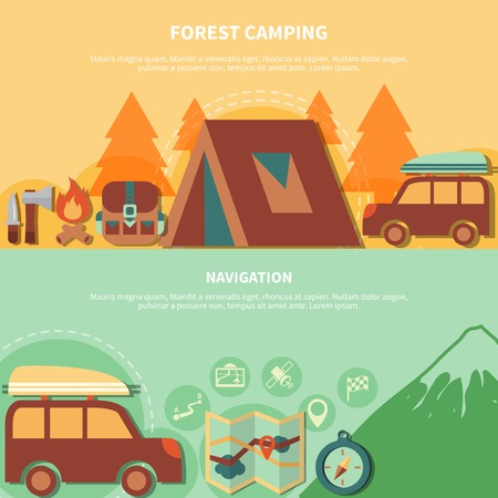 Hiking equipment and navigation accessories for forest camping  and vector illustrationのイラスト素材
