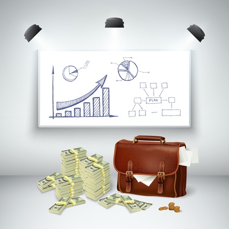 Realistic business financial template with leather briefcase money cash blackboard sketch diagram and spotlights isolated vector illustrationのイラスト素材