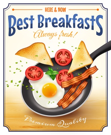 Cafe restaurant best breakfast advertisement poster with traditional american fried egg bacon bread tomatoes retro vector illustrationのイラスト素材