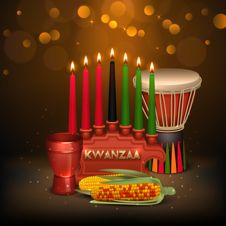 African american kwanzaa holiday celebration colorful festive background poster with kinara candles light and food vector illustrationのイラスト素材