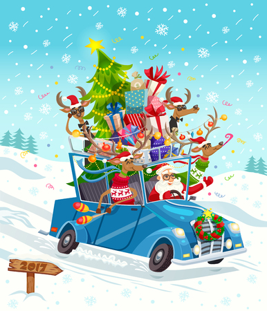 Funny cartoon background poster with santa and group of reindeer characters riding oldschool car on snowfield vector illustrationのイラスト素材