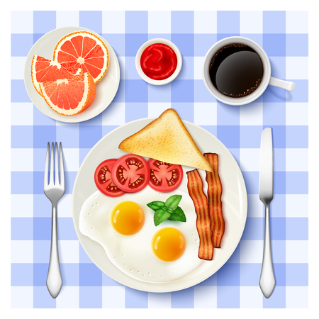 Traditional american breakfast with fried eggs bacon black coffee and grapefruit top view tablecloth background poster vector illustrationのイラスト素材