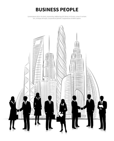 Business people concept with male and female silhouettes on the background of skyscrapers vector illustrationのイラスト素材