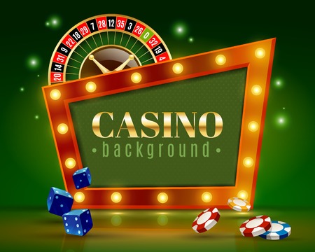 Casino entertainment decorative frame background poster with festive lights roulette wheel dice and chips vector illustrationのイラスト素材