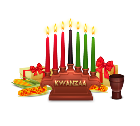 African americans kwanzaa holiday symbols composition poster with candles holder traditional presents corn ears and colors vector illustrationのイラスト素材