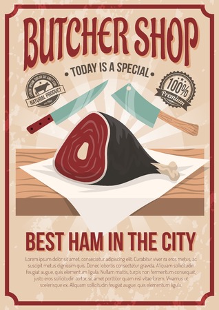Butcher shop poster with gammon image on counter and advertising of best ham in city flat vector illustrationのイラスト素材