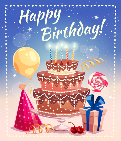 Happy birthday greeting card with big cake candles gift box tied by ribbon air balloon and clowns hat flat vector  illustrationのイラスト素材