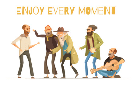 Cheerful homeless people design in cartoon and retro styles with singing men and music instruments vector illustrationのイラスト素材