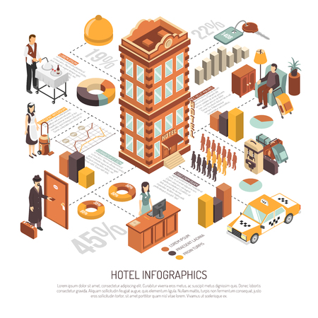 Hotel net infrastructure service facilities and guests reservations statistics diagrams isometric comprehensive presentation poster vector illustrationのイラスト素材