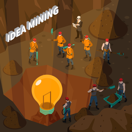 Idea isometric concept with people working in mine and holding mining inventory vector illustrationのイラスト素材