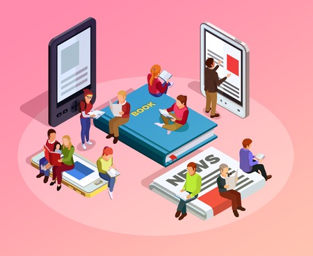 Reading people isometric composition women men and family sitting on books newspapers and read vector illustrationのイラスト素材