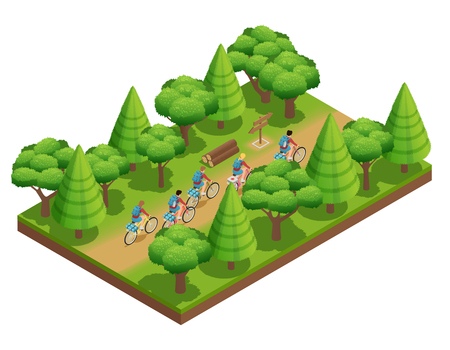 Camping hiking isometric composition tourists go on forest trail in park on bicycles vector illustrationのイラスト素材