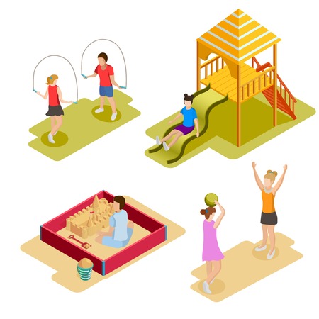 Colored isometric playground icon set with children play outdoor games and climb on playground vector illustrationのイラスト素材