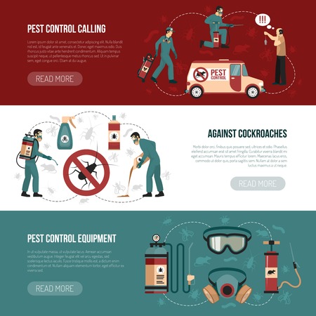 Pest control horizontal banners with exterminators of insects in chemical protective using repellents against cockroaches flat vector illustrationのイラスト素材