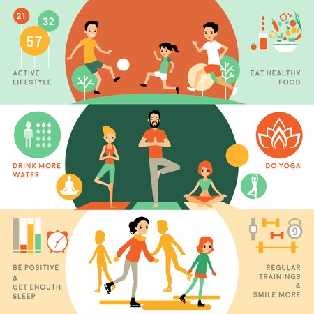 Active healthy lifestyle horizontal banners with people and different activities for good health vector illustrationのイラスト素材