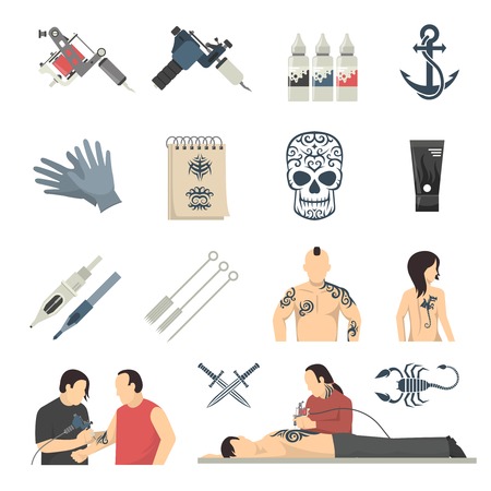 Tattoo studio designs equipment and procedures with artist using electric machine flat icons collection isolated vector illustrationのイラスト素材