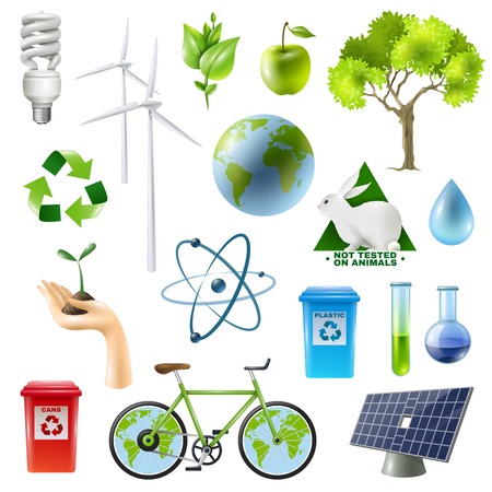 Ecology isolated symbols set with alternative energy sources plants tubes bicycle images molecule and recycle signs vector illustrationのイラスト素材