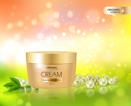 Beautiful background in realistic style for organic cosmetic series with cream container and scattered pearls vector illustrationのイラスト素材