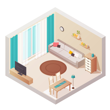 Sitting room isometric interior design composition with cumbersome objects lounge furniture window and books on shelves vector illustrationのイラスト素材