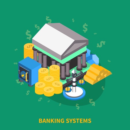 Banking systems financial isometric icons round composition with bank safe box bank scales coins gold vector illustrationのイラスト素材