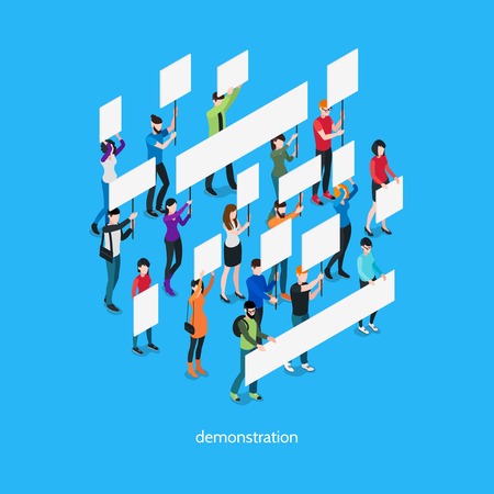 Demonstration isometric template with group of people holding placards and signboards isolated vector illustrationのイラスト素材