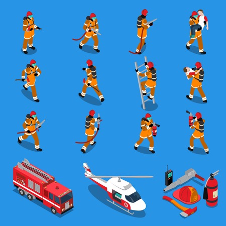 Fireman isometric set of firefighters in different situations truck helicopter extinguisher axe hose helmet isolated vector illustrationのイラスト素材