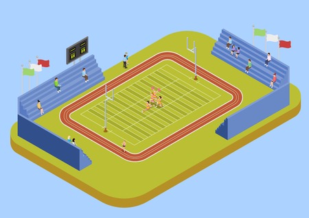 University sport complex american football stadium with public fans and cheerleaders performance isometric view poster vector Ilustrationのイラスト素材