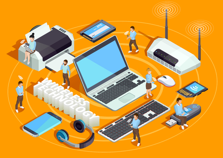 Wireless technology electronic devices isometric composition poster with laptop printer smartphone router and users orange background vector illustrationのイラスト素材