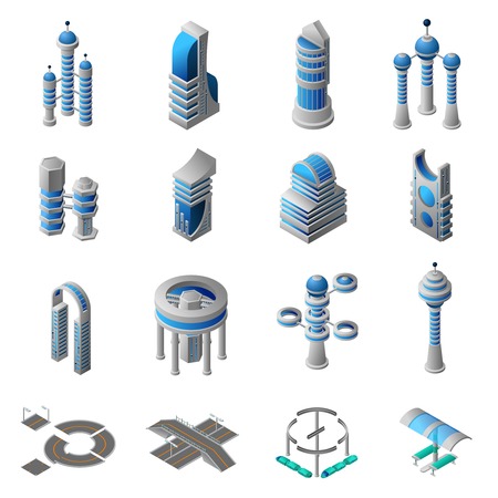 Future city isometric icons set of conceptual building of futuristic construction and architecture isolated vector illustrationのイラスト素材