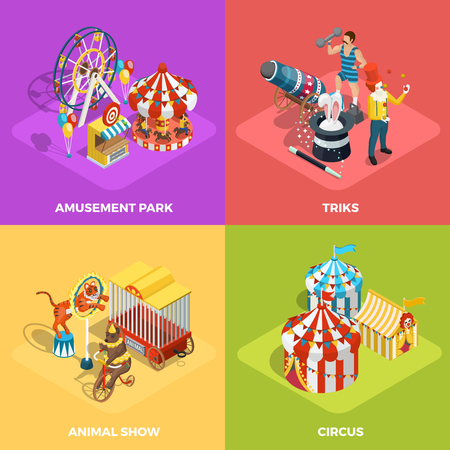 Travel circus performance 4 isometric icons square composition with animals show and magician tricks isolated vector illustrationのイラスト素材