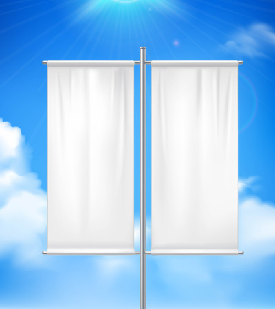 White blank realistic double pole banner advertisement flag outdoor with blue sunny cloudy  sky background vector illustrationのイラスト素材