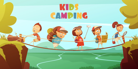 Camping kids background with cliffs valley and bridge cartoon vector illustrationのイラスト素材