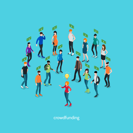 Crowdfunding isometric concept with group of people and creative person involving in business project vector illustrationのイラスト素材