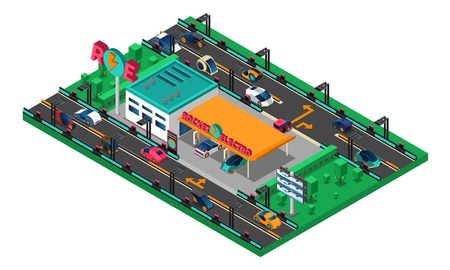 Futuristic isometric concept with cars of new generation charging station billboards trees vector illustrationのイラスト素材