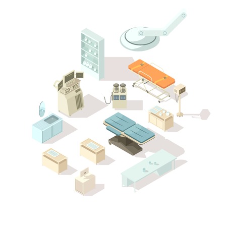 Medical equipment for hospital isometric icons set of special furniture for operating room and  intensive care flat vector illustrationのイラスト素材