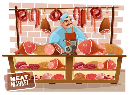 Butcher and meat market with sausages beef and bacon cartoon vector illustrationのイラスト素材