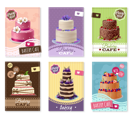 Bakery banners set with fruit and chocolate cakes cartoon isolated vector illustrationのイラスト素材