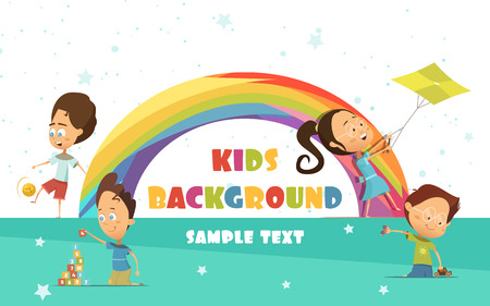 Playing kids cartoon background with rainbow and activities symbols vector illustrationのイラスト素材
