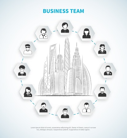 Business team concept with employees avatars around hand drawn skyscrappers vector illustrationのイラスト素材