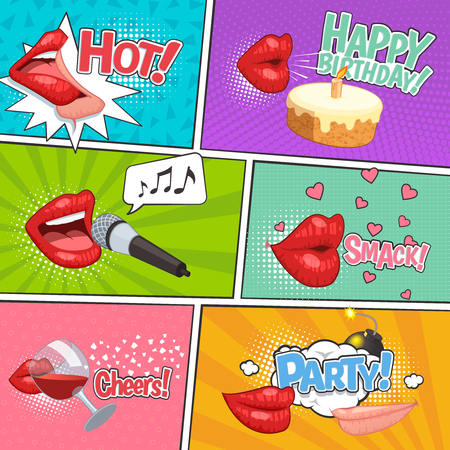 Lips party comic page set with junk colorful compositions of doodle style painted female lips images vector illustrationのイラスト素材