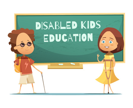 Education of disabled kids design with blind boy and girl with crutch near green chalkboard vector illustrationのイラスト素材