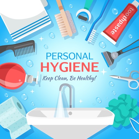 Square hygiene toiletry illustration colorful background with personal care items and hand washing container with text vector illustrationのイラスト素材